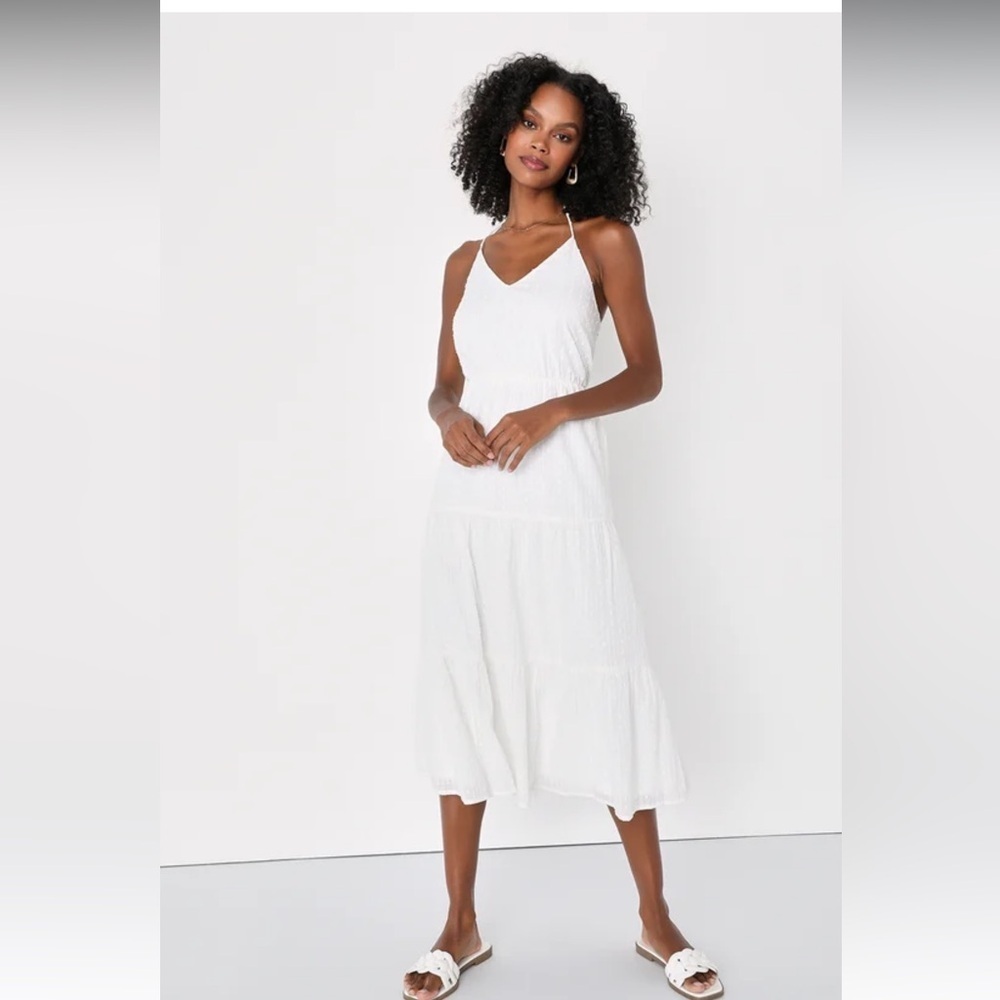 Lulus Sunny Reverie White Swiss Dot Lurex Halter Midi Dress XL 2115116 NWT